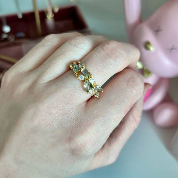 Marquise Cut Moss Agate Cluster Half Eternity Gold Plated Ring - Picture 2 of 6